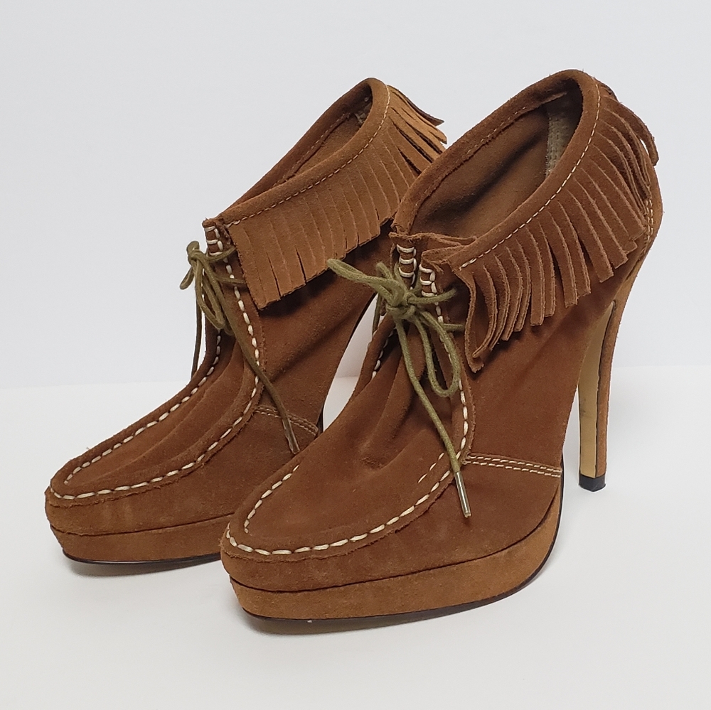 Charles David Suede Fringe Stiletto Heel Booties - Picture 1 of 8